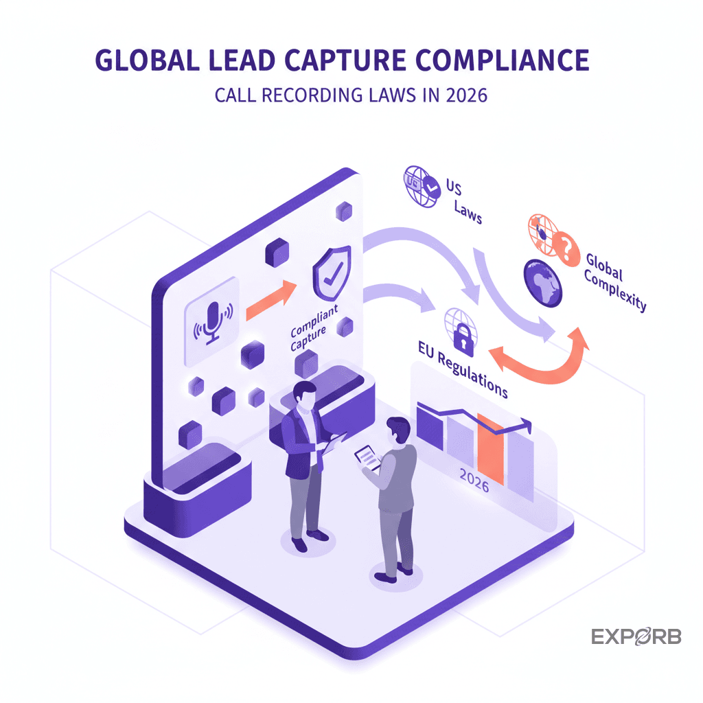 Aussteller im Gespräch an einem modernen Messestand, der die Bedeutung einer konformen Lead-Erfassung hervorhebt