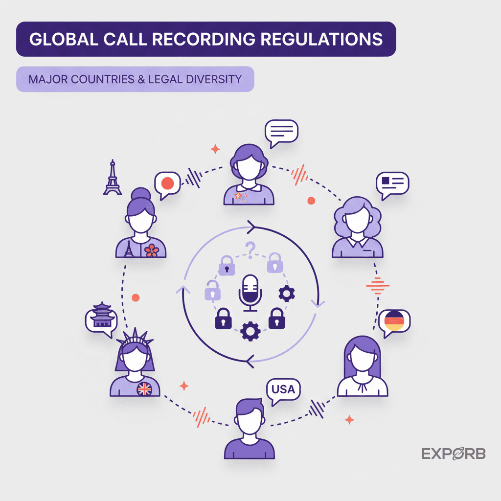 Diverse Gruppe von Menschen aus verschiedenen Ländern im Gespräch, symbolisiert globale Gesetze zur Anrufaufzeichnung