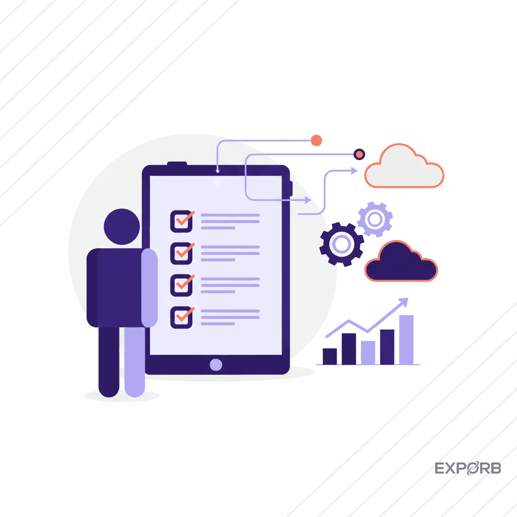 Eine Person betrachtet eine Checkliste auf einem Tablet, symbolisiert einen umfassenden Aktionsplan für Compliance